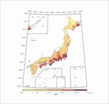 2012年から30年間に震度6弱以上の揺れに見舞われる確率の分布